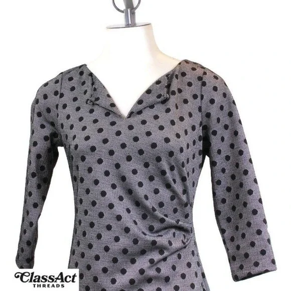 Talbots Dress polka dot Faux Wrap Black 3/4 Sleeve Back Zipper Petite Small - Picture 2 of 5